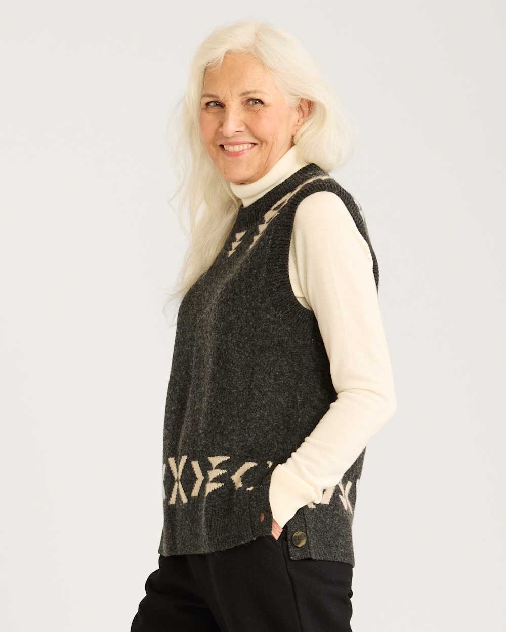 ALTERNATE VIEW OF WOMEN'S RELAXED FIT LAMBSWOOL VEST IN BLACK/IRISH CREAM image number 2