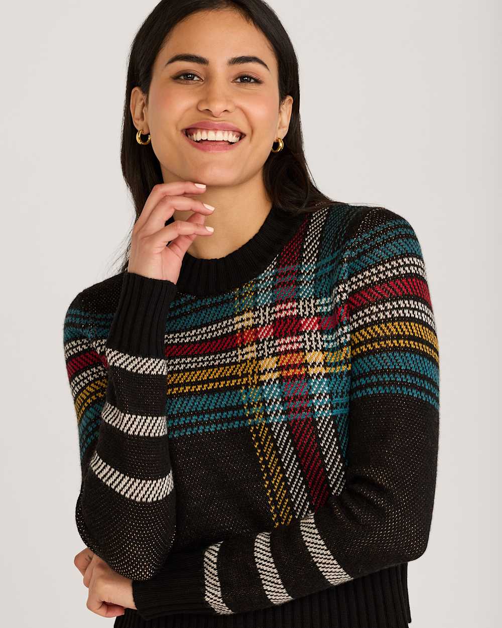 WOMEN'S PLAID MERINO SWEATER IN BLACK MULTI image number 1