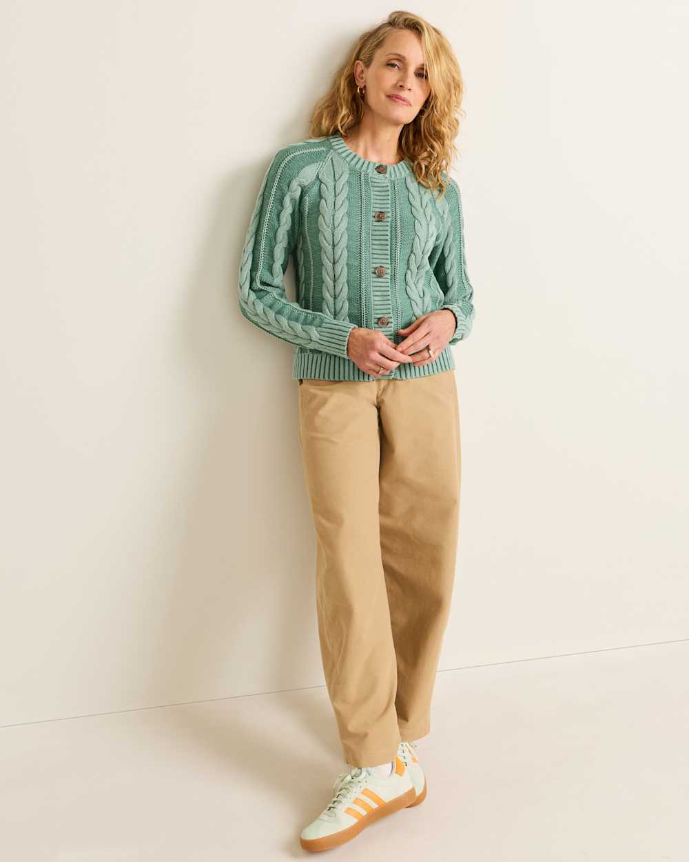 ALTERNATE VIEW OF WOMEN'S COTTON CABLE CARDIGAN IN TEAL BLUE image number 6