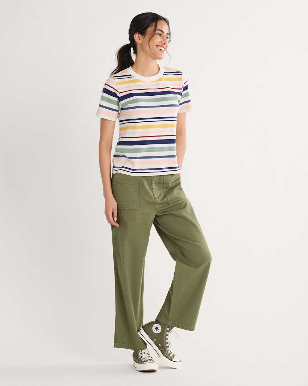 ALTERNATE VIEW OF WOMEN'S DESCHUTES STRIPE TEE IN ECRU STRIPE image number 4