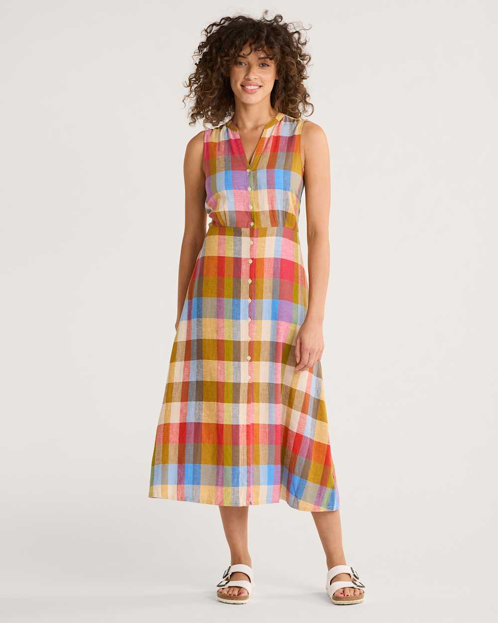 WOMEN'S LANA SLEEVELESS LINEN DRESS IN PLAID MULTI image number 1