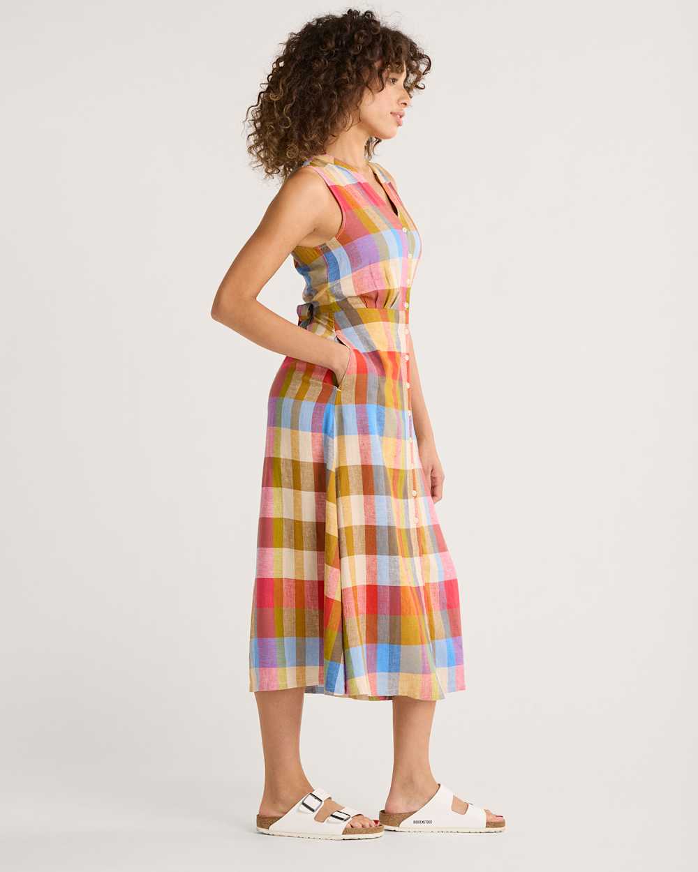 ALTERNATE VIEW OF WOMEN'S LANA SLEEVELESS LINEN DRESS IN PLAID MULTI image number 3