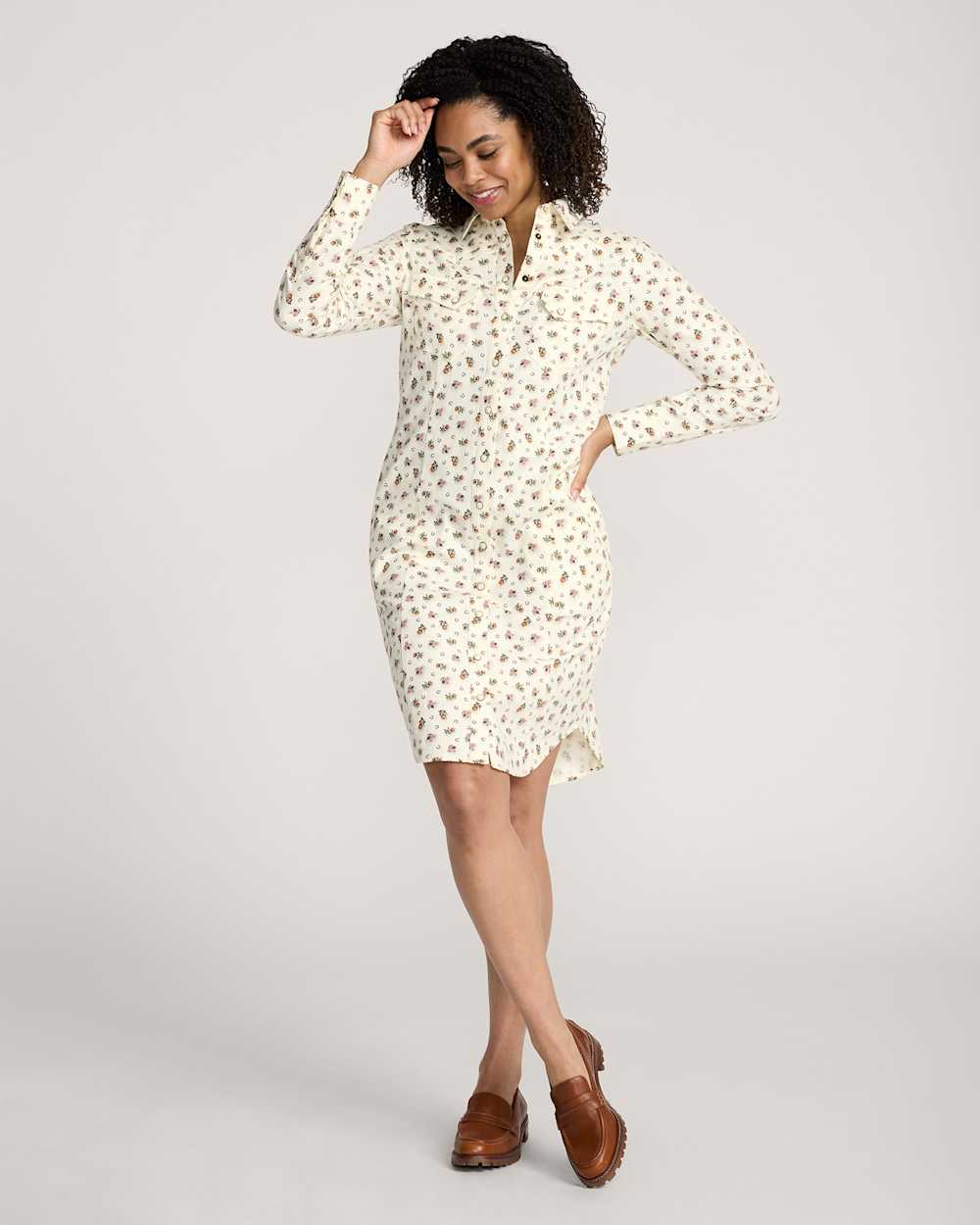 WOMEN'S FLORAL COTTON TWILL GAMBLER SHIRT DRESS IN ECRU image number 1