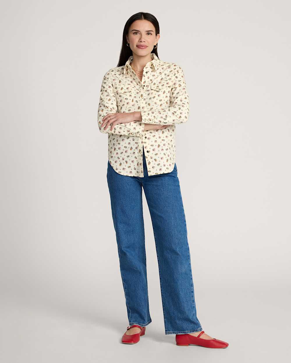 ALTERNATE VIEW OF WOMEN'S FLORAL COTTON TWILL GAMBLER SHIRT IN ECRU image number 4