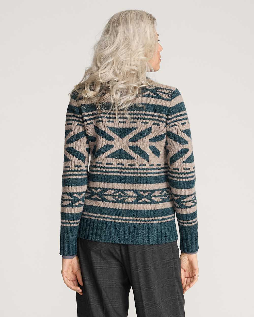 ALTERNATE VIEW OF WOMEN'S GRAPHIC SHETLAND COLLECTION ZIP CARDIGAN IN TEAL HEATHER image number 2