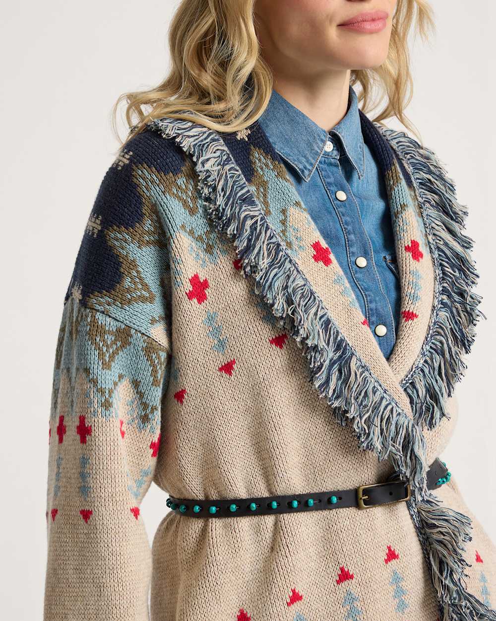 ALTERNATE VIEW OF WOMEN'S GRAPHIC FRINGE CARDIGAN IN ECRU/NAVY MULTI image number 4