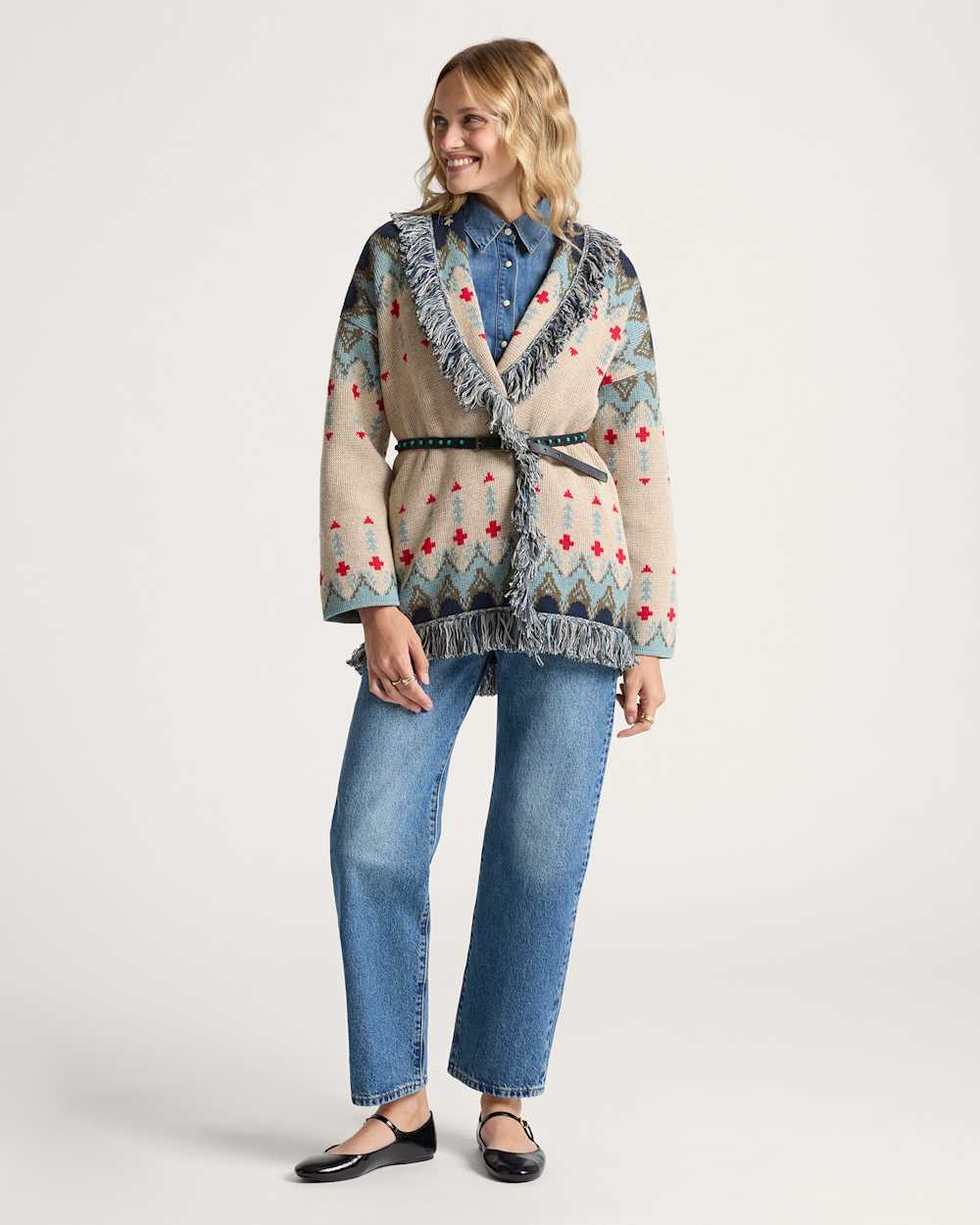 ALTERNATE VIEW OF WOMEN'S GRAPHIC FRINGE CARDIGAN IN ECRU/NAVY MULTI image number 5