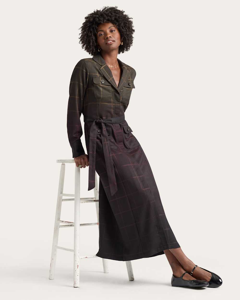 WOMEN'S WORSTED WOOL WRAP DRESS IN BLACK OMBRE PLAID image number 1