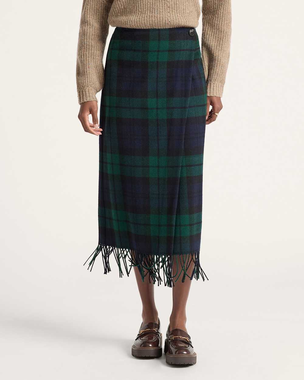 WOMEN'S WOOL FRINGED WRAP SKIRT IN BLACK WATCH TARTAN image number 1