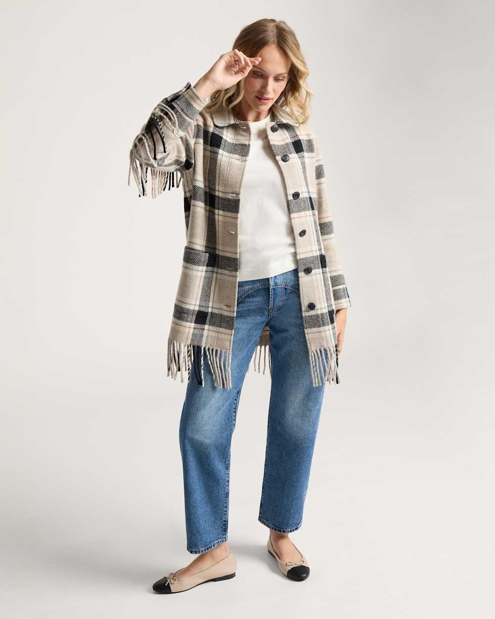 ALTERNATE VIEW OF WOMEN'S PLAID JOLENE WOOL FRINGED JACKET IN TAN/BLACK MULTI image number 5