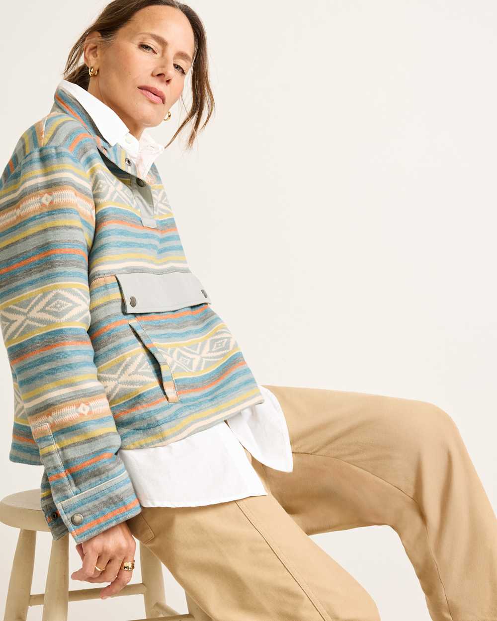 ALTERNATE VIEW OF WOMEN'S DOUBLESOFT HALF-SNAP PULLOVER IN TEAL MULTI STRIPE image number 6