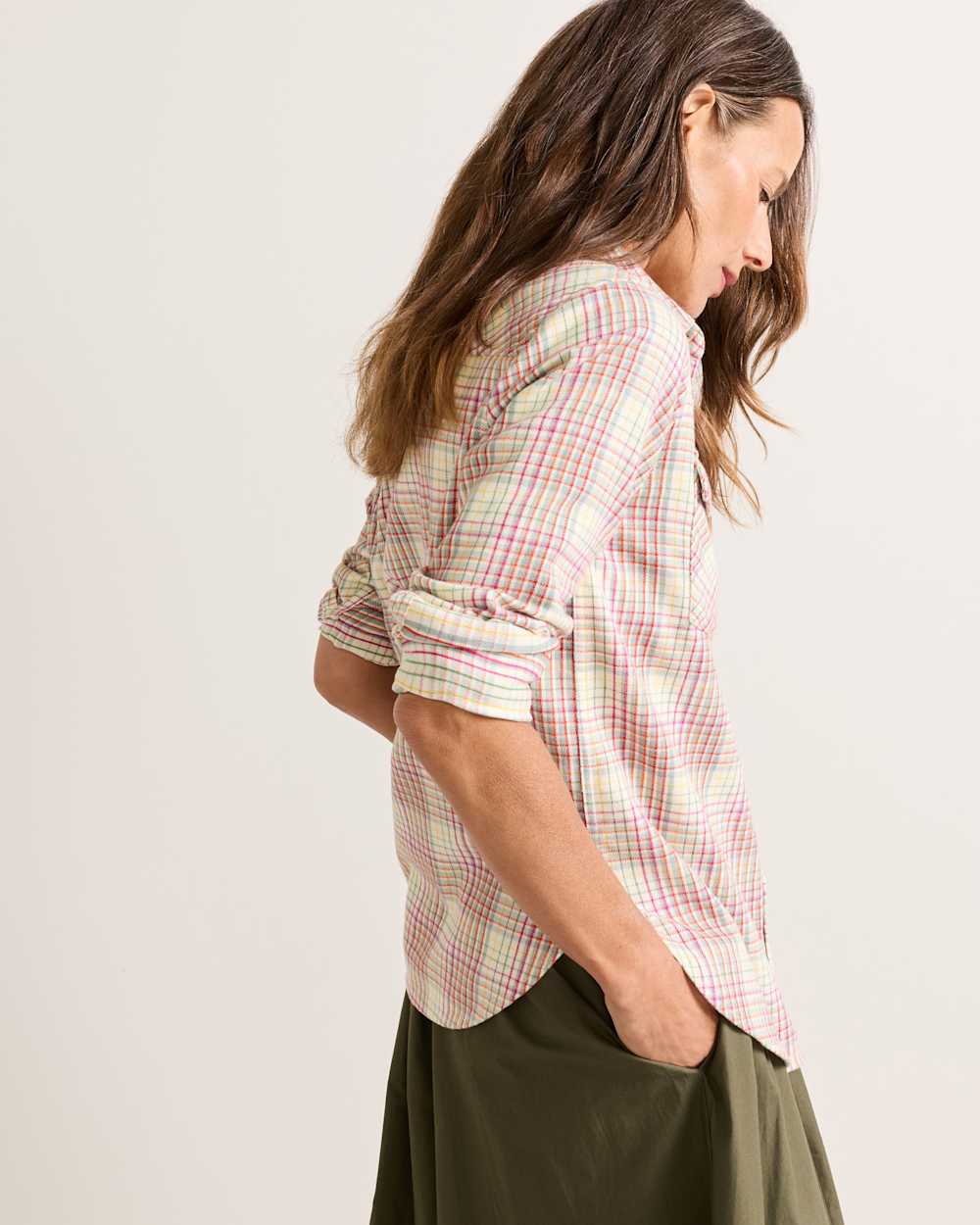 ALTERNATE VIEW OF WOMEN'S RILEY PLAID FLANNEL SHIRT IN IVORY MULTI PLAID image number 3