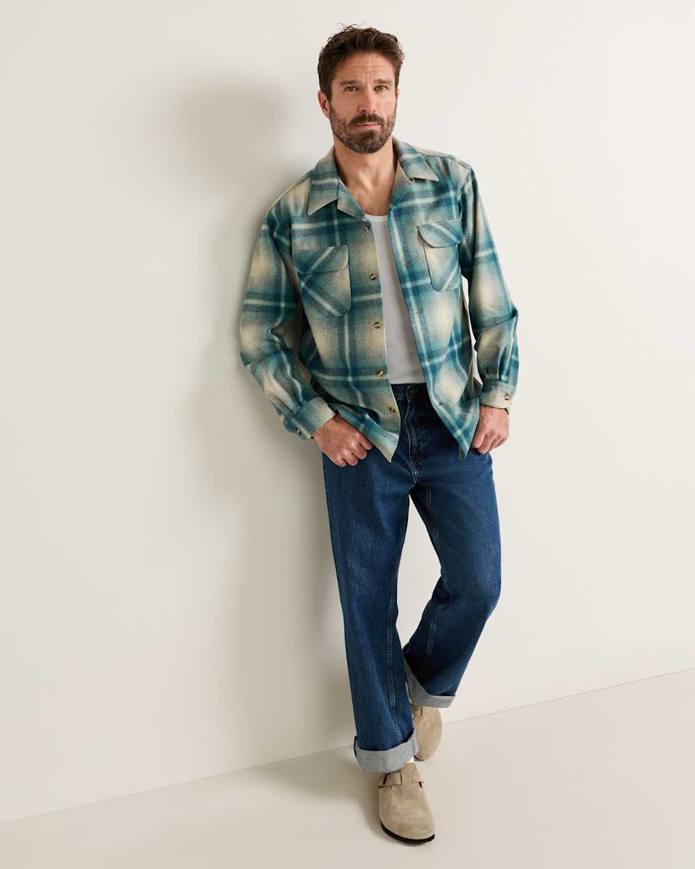 ALTERNATE VIEW OF MEN'S PLAID BOARD SHIRT IN IVORY/TEAL OMBRE image number 5