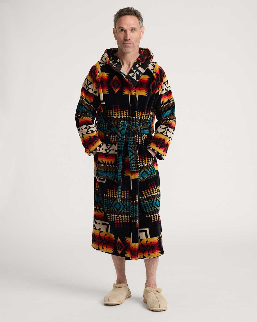 UNISEX COTTON TERRY VELOUR BATHROBE IN BLACK CHIEF JOSEPH image number 1