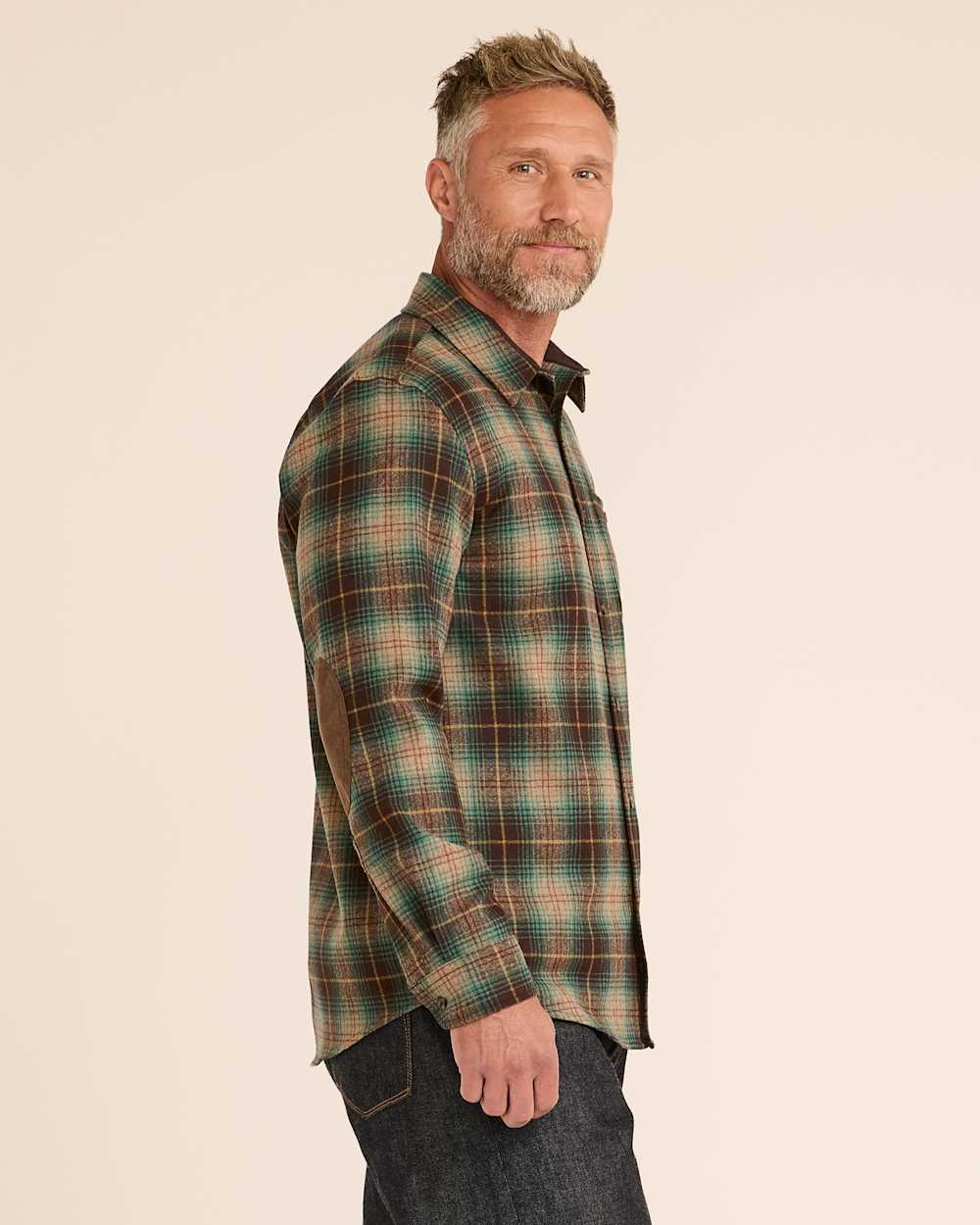 ALTERNATE VIEW OF MEN'S PLAID ELBOW-PATCH TRAIL SHIRT IN BROWN/GREEN PLAID image number 2