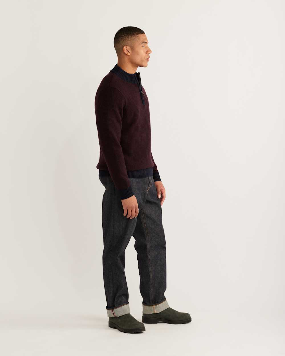 ALTERNATE VIEW OF MEN'S SHETLAND COLLECTION HALF-ZIP SWEATER IN NAVY/BURGUNDY image number 2