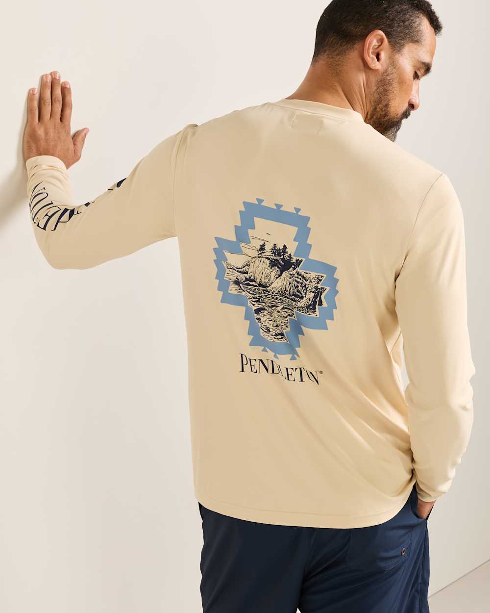 CLIFF WALK MEN'S LONG-SLEEVE GRAPHIC SWIM TEE IN SANDSHELL/CLIFF WALK image number 1