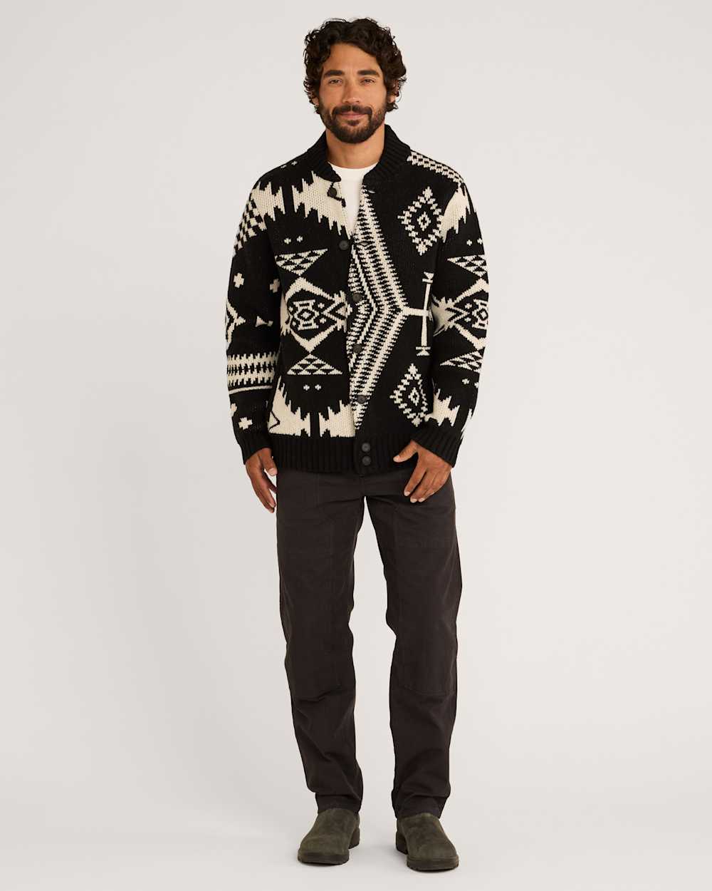 ALTERNATE VIEW OF MEN'S MIXED ICONS LAMBSWOOL CARDIGAN IN BLACK/WHITE image number 5