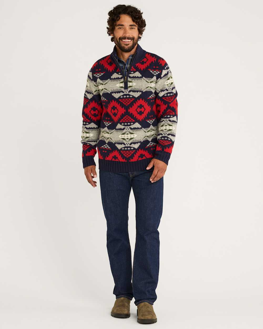 ALTERNATE VIEW OF MEN'S NEHALEM QUARTER ZIP LAMBSWOOL SWEATER IN NAVY/RED image number 5
