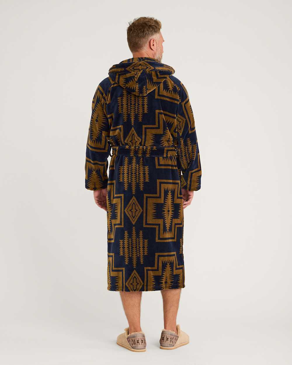 ALTERNATE VIEW OF UNISEX HARDING COTTON TERRY VELOUR ROBE IN NAVY/BRONZE image number 4