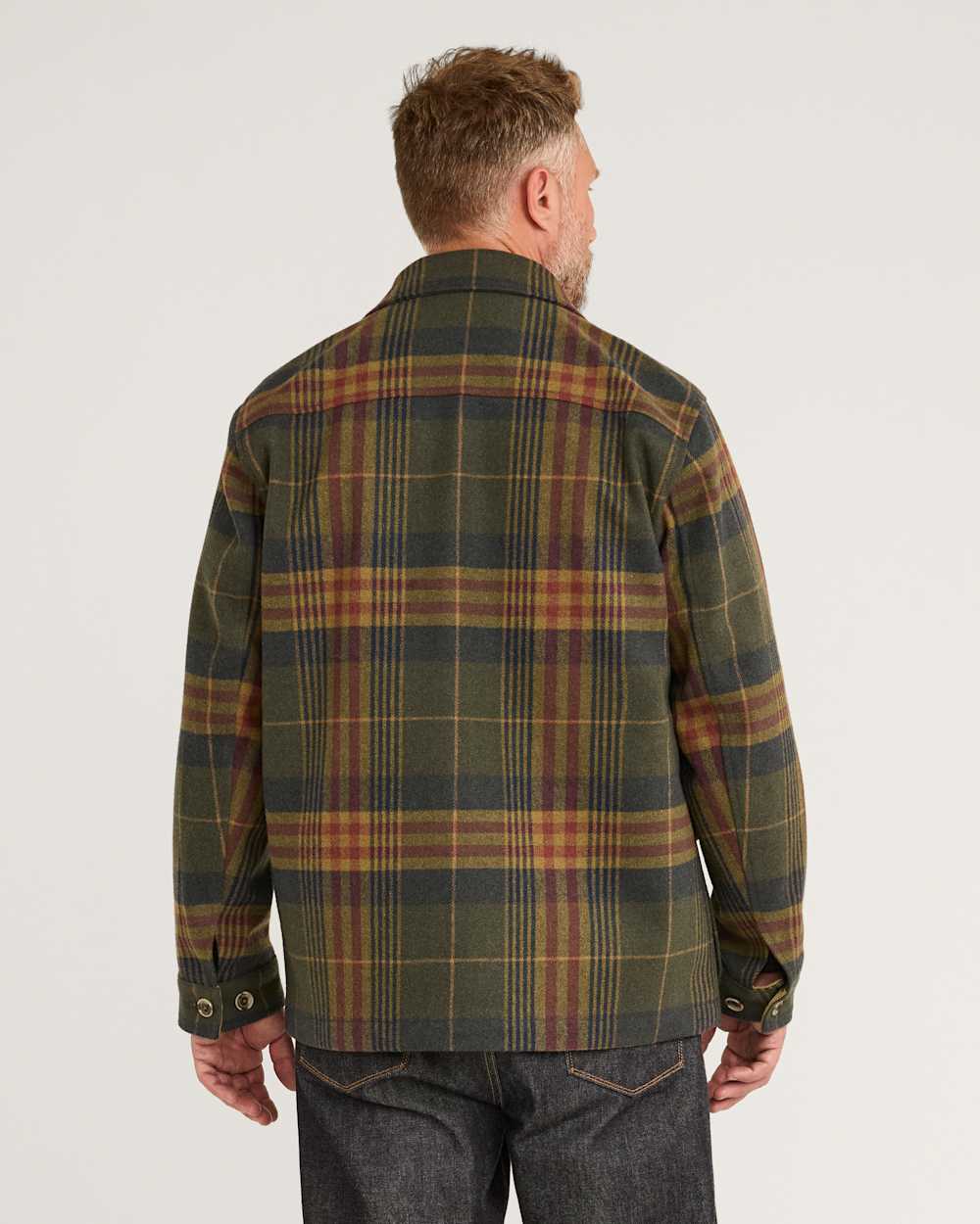 ALTERNATE VIEW OF MEN'S VALMONT WOOL CHORE JACKET IN NAVY/OLIVE CAMP PLAID image number 3