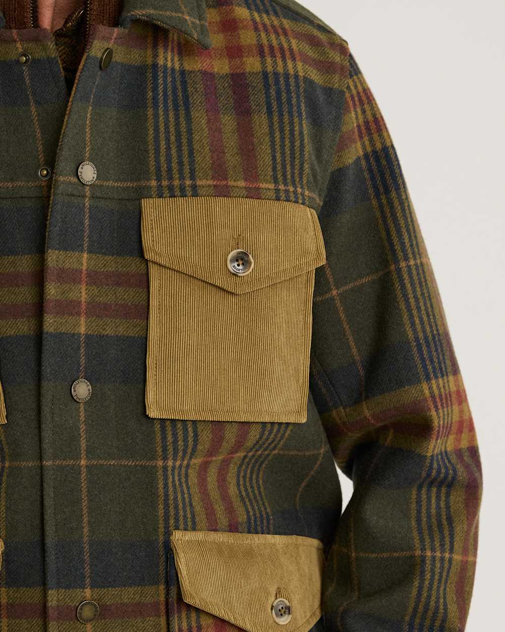 ALTERNATE VIEW OF MEN'S VALMONT WOOL CHORE JACKET IN NAVY/OLIVE CAMP PLAID image number 4