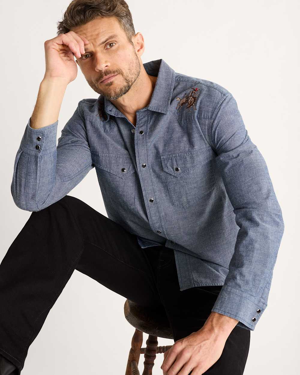 MEN'S RODEO EMBROIDERED CHAMBRAY GAMBLER SHIRT IN DARK BLUE/RODEO image number 1