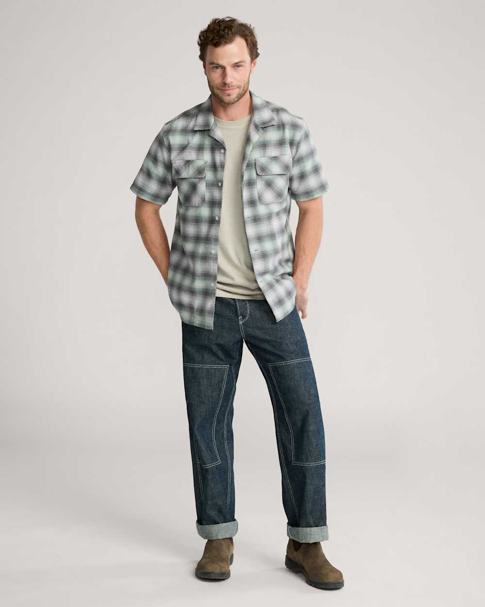 ALTERNATE VIEW OF MEN'S SHORT-SLEEVE PLAID COTTON BOARD SHIRT IN CHARCOAL/GREY PLAID image number 6