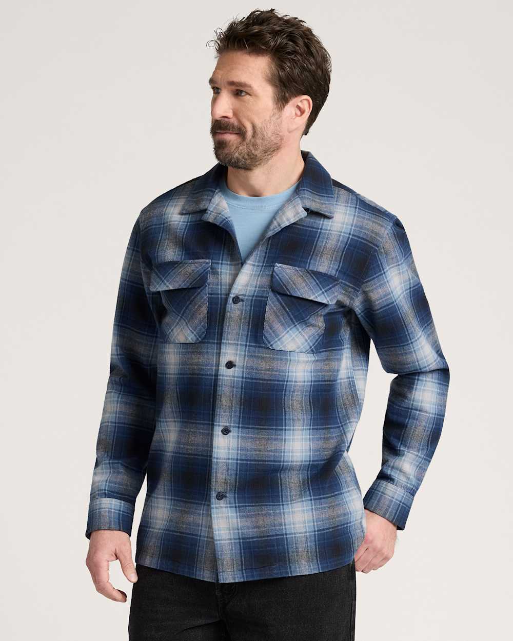 ALTERNATE VIEW OF LONG-SLEEVE PLAID COTTON BOARD SHIRT IN NAVY/GREY PLAID image number 5