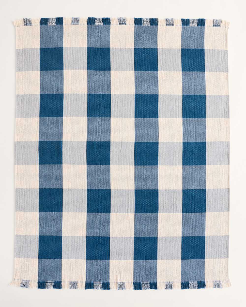 ALTERNATE VIEW OF BLOCK PLAID ORGANIC COTTON FRINGED THROW IN INDIGO/IVORY image number 2