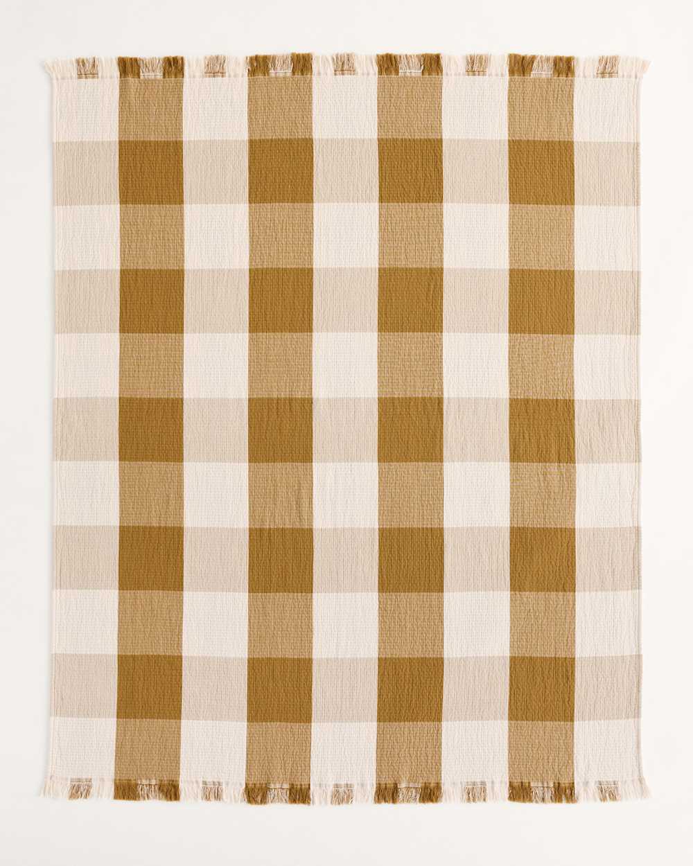 ALTERNATE VIEW OF BLOCK PLAID ORGANIC COTTON FRINGED THROW IN OCHRE/IVORY image number 3