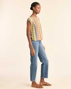 ALTERNATE VIEW OF WOMEN'S FLORA LINEN-BLEND POPOVER TOP IN WOODASH MULTI CHECK image number 2