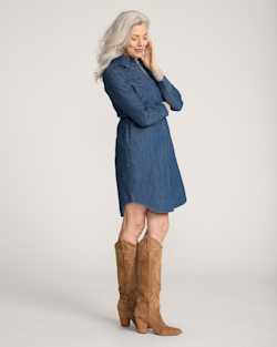 ALTERNATE VIEW OF EMBROIDERED CHAMBRAY GAMBLER SHIRT DRESS IN MEDIUM BLUE image number 3