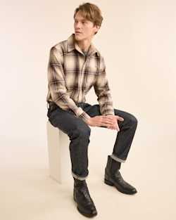 ALTERNATE VIEW OF MEN'S PLAID LODGE SHIRT IN TAN/IVORY OMBRE image number 4
