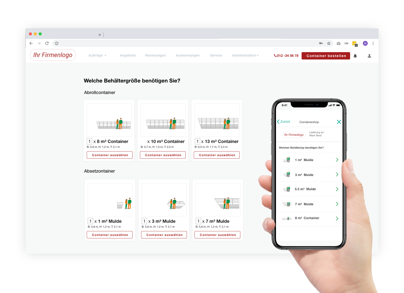 Online-Vertrieb Entsorger, Containershop für Gewerbekunden