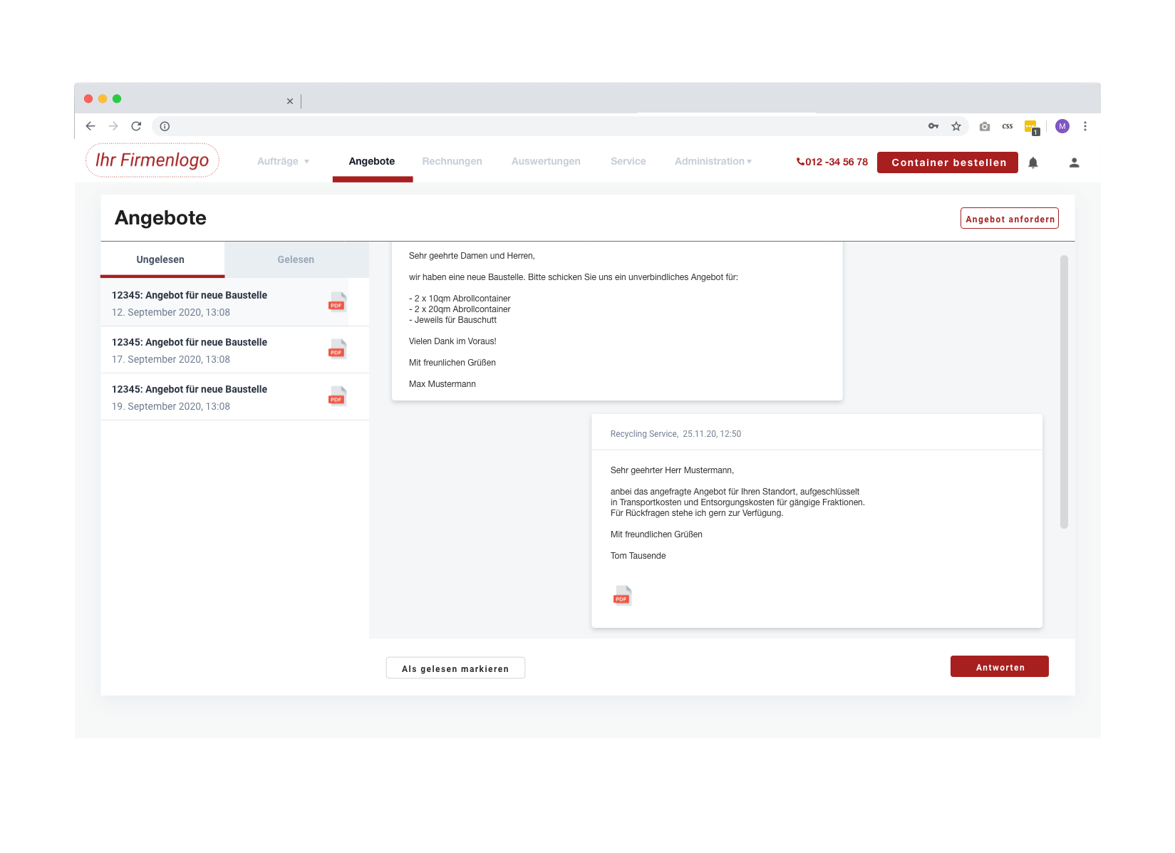 Digitaler Abfall-Support für Gewerbekunden, Entsorger