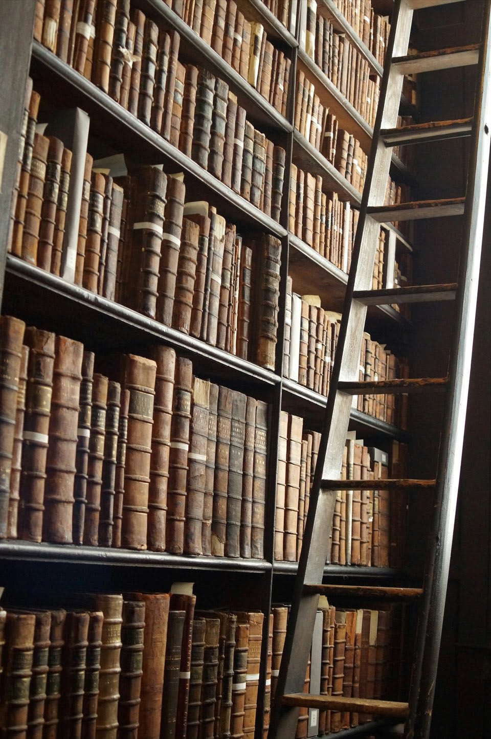 A wooden library ladder against tall shelves of old books