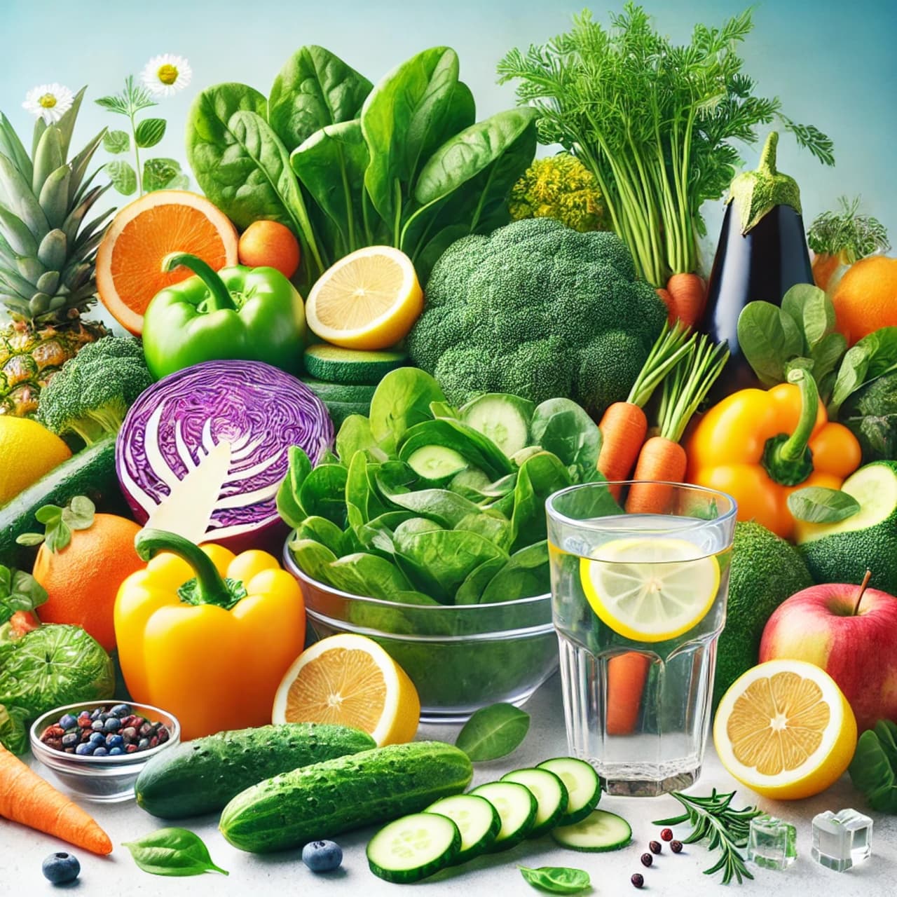 DALL·E 2025-01-13 12.21.29 – A colorful and vibrant image illustrating a healthy alkaline diet. The scene includes fresh vegetables like spinach, broccoli, carrots, and cucumbers,