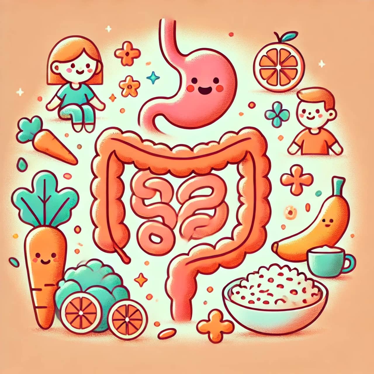 DALL·E 2025-01-13 12.37.50 – A warm and informative illustration for a blog post about intestinal inflammation in children. The image includes a friendly depiction of a child’s di