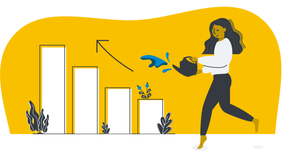 illustration of a woman watering her plants in black and white with a yellow background