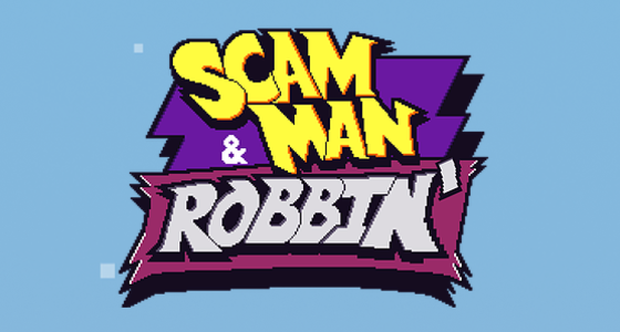 yellow, grey, purple and black text logo with a blue background