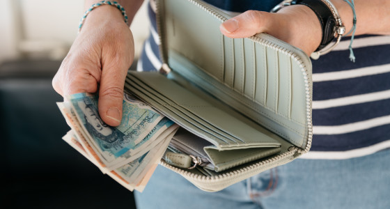 Women holding a person with bank notes in it