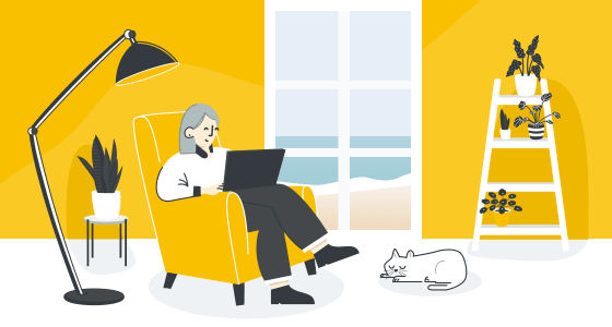 An illustration of a woman reading at home with her cat