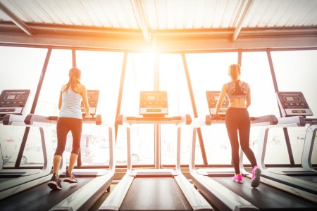 Two sunlit women walk on treadmills.