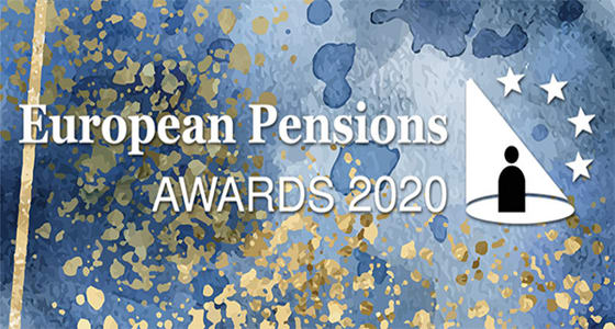 European pensions award logo on blue background with gold