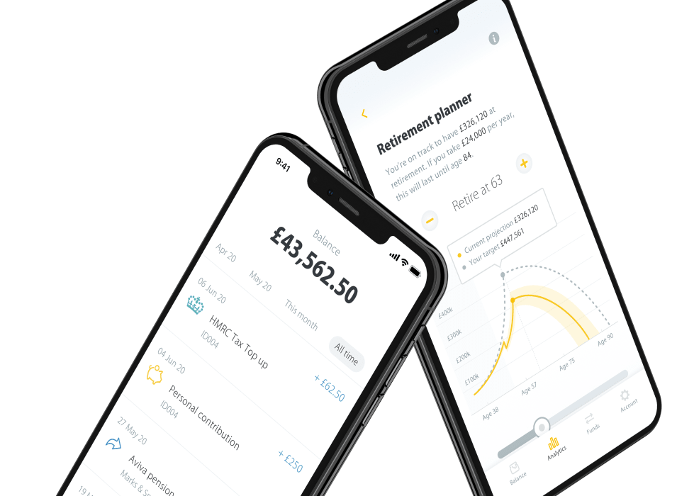 Two black phones overlapping, one phone shows the balance screen on the mobile app, the other shows the retirement planner