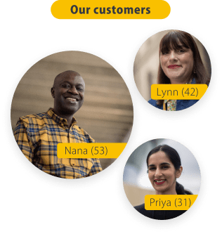 three images of PensionBee customers. Lynn aged 43, Nana aged 54 and Priya aged 32