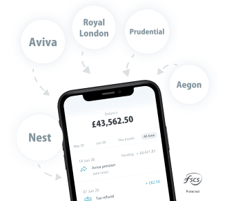 Smartphone with pension balance surrounded by provider names