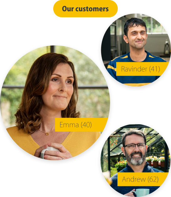 three images of PensionBee customers. Ravinder aged 41, Emma aged 40 and Andrew aged 62