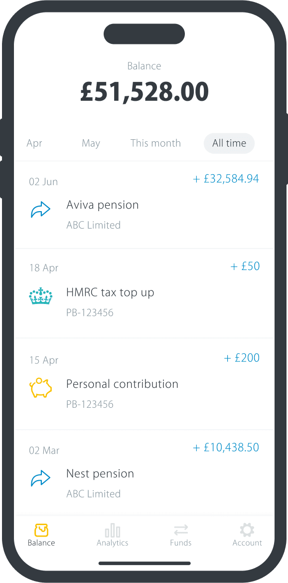 A phone displaying the PensionBee balance with contribution and pension transfer